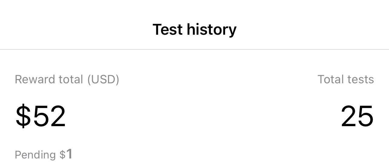 UserTesting earnings screenshot showing $52 reward from 25 completed tests