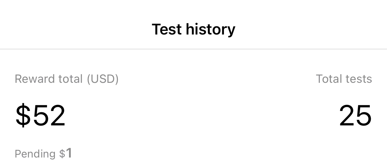 UserTesting earnings proof — $52 from 25 tests